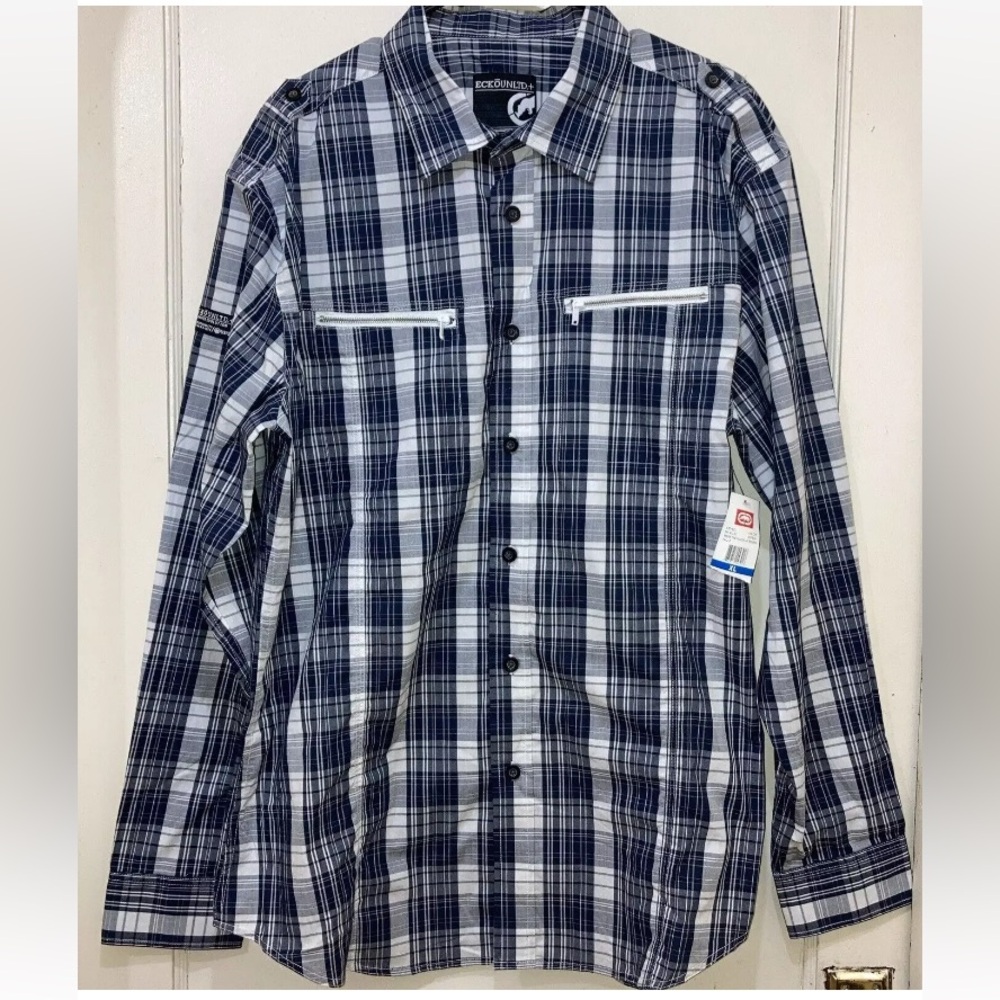ECKO UNLTD+ Men’s Shirt XL Blue Plaid Long Sleeve Zip Pocket